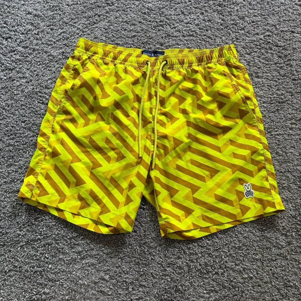 Psycho Bunny Pisani Geometric Yellow Bathing Suit Swim Trunks Lined Size Medium